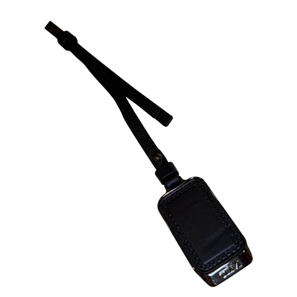 TUMI Black Pebbled Leather Luggage Tag Metal Frame Logo Travel Accessory